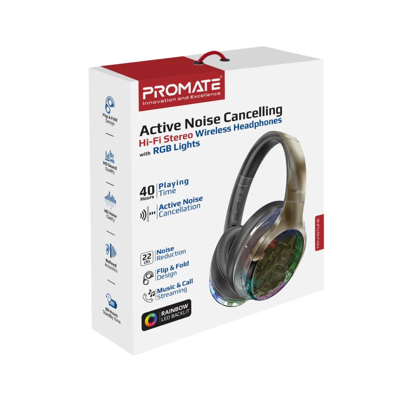 PROMATE TransTune Wireless Active Noise Cancelling Headphones - 600mAh / Gun Metal