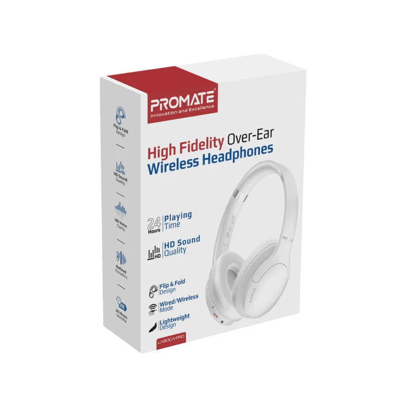 PROMATE LaBoca-Pro High Fidelity Over-Ear Wireless Headphones - 300mAh / White
