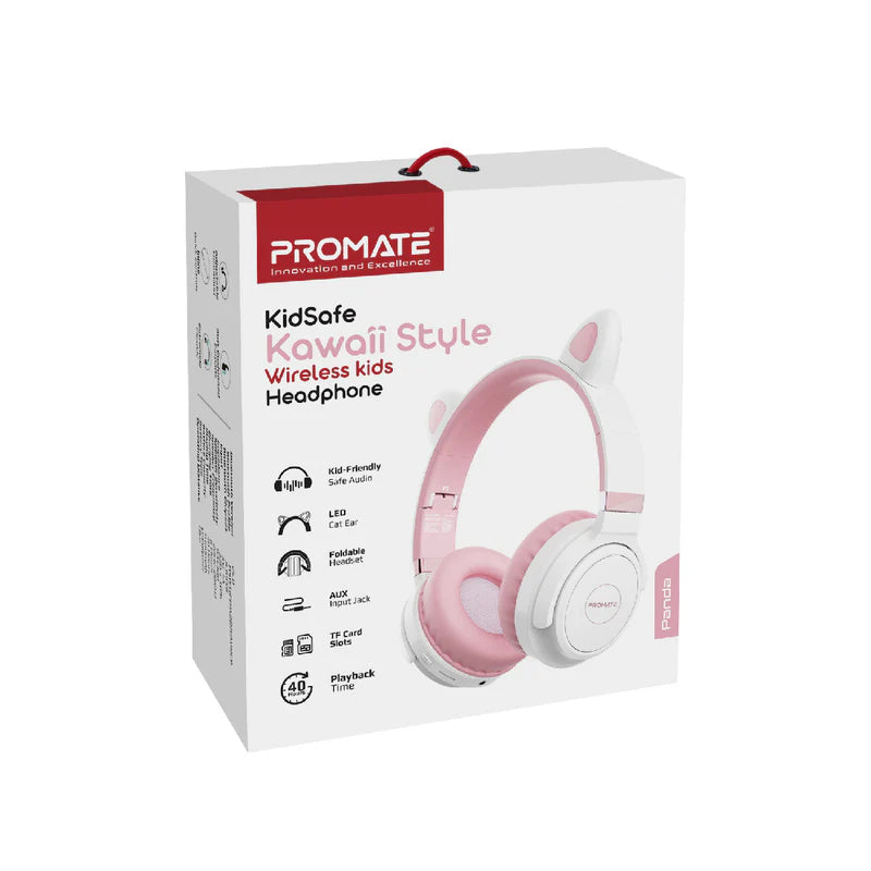 PROMATE Panda Kawaii Style Wireless Kids Headphones - 1000mAh / Bubble Gum
