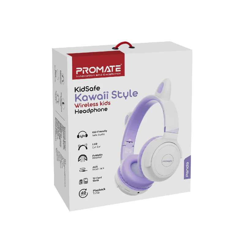 PROMATE Panda Kawaii Style Wireless Kids Headphones - 1000mAh / Lilac