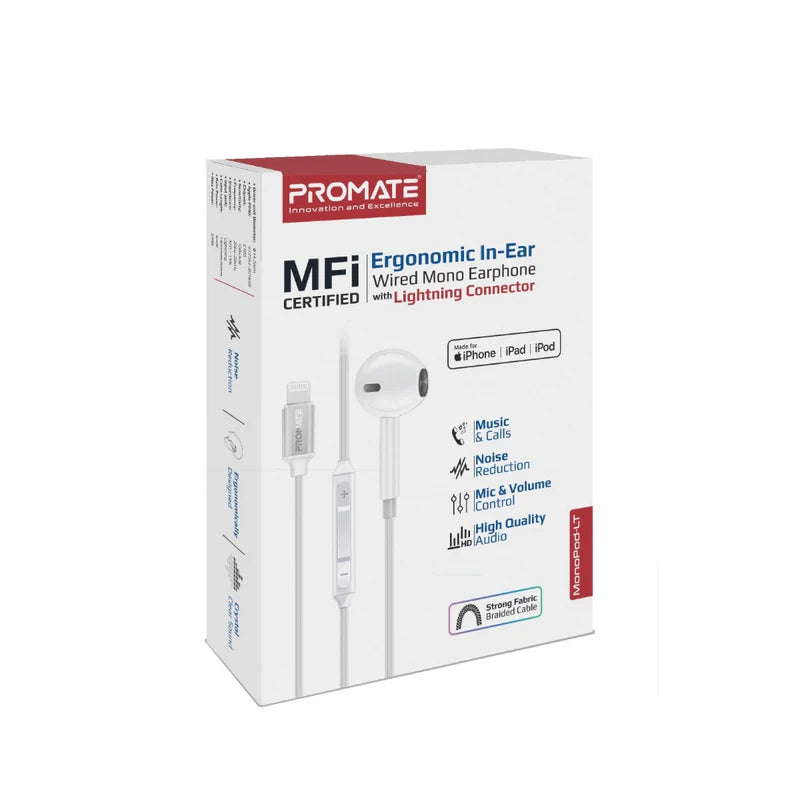 PROMATE MonoPod-LT In-Ear Wired Mono Earphone - Lightning / White