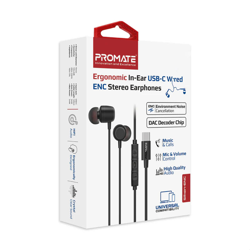 PROMATE Silken-ENC In-Ear Wired ENC Stereo Earphones - USB-C / 1.2 Meter / Black
