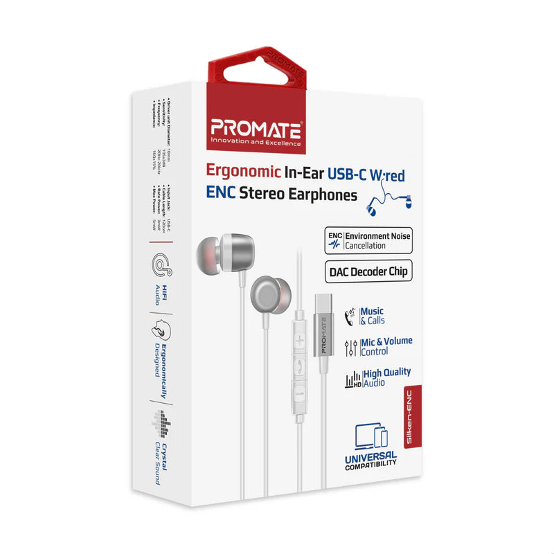 PROMATE Silken-ENC In-Ear Wired ENC Stereo Earphones - USB-C / 1.2 Meter / White