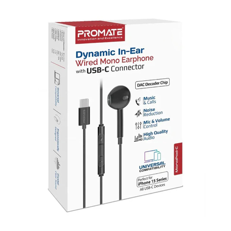 PROMATE MonoPod-C In-Ear Wired Mono Earphone - USB-C / Black
