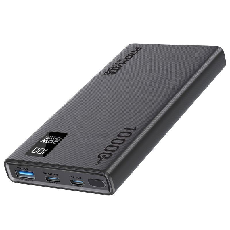 PROMATE Bolt-10PD Compact Smart Charging Power Bank - 20W / USB-C / USB-A / Black