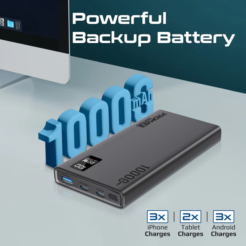 PROMATE Bolt-10PD Compact Smart Charging Power Bank - 20W / USB-C / USB-A / Black