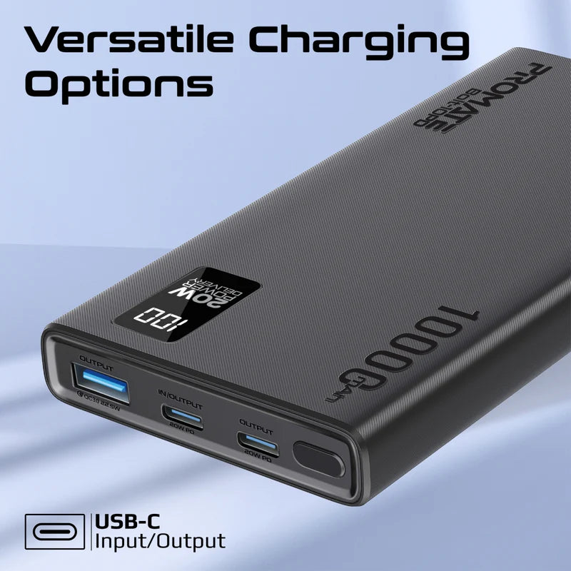 PROMATE Bolt-10PD Compact Smart Charging Power Bank - 20W / USB-C / USB-A / Black