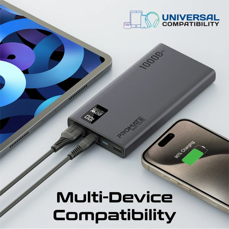 PROMATE Bolt-10PD Compact Smart Charging Power Bank - 20W / USB-C / USB-A / Black