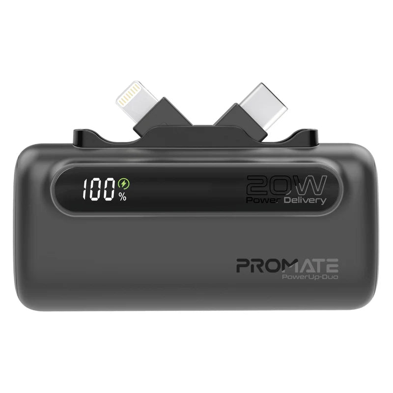 PROMATE PowerUp-Duo Ultra-Compact Fast Charging Power Bank - 20W / USB-C / Lightning / Black