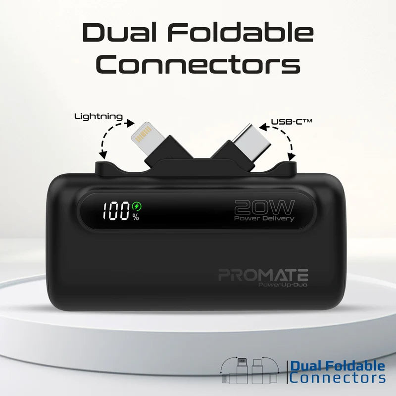 PROMATE PowerUp-Duo Ultra-Compact Fast Charging Power Bank - 20W / USB-C / Lightning / Black