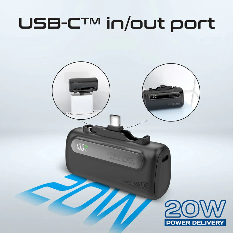 PROMATE PowerUp-Duo Ultra-Compact Fast Charging Power Bank - 20W / USB-C / Lightning / Black