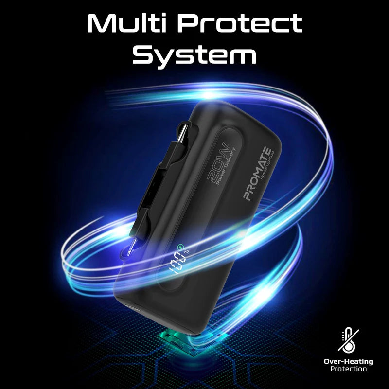 PROMATE PowerUp-Duo Ultra-Compact Fast Charging Power Bank - 20W / USB-C / Lightning / Black