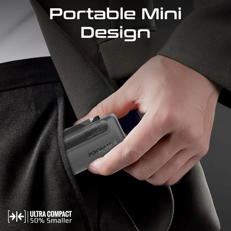 PROMATE PowerUp-Duo Ultra-Compact Fast Charging Power Bank - 20W / USB-C / Lightning / Black
