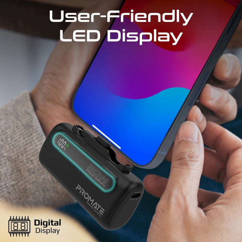 PROMATE PowerUp-Duo Ultra-Compact Fast Charging Power Bank - 20W / USB-C / Lightning / Black