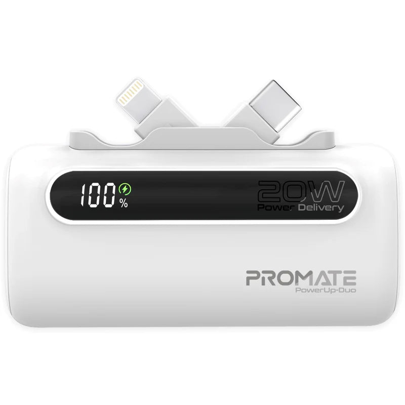 PROMATE PowerUp-Duo Ultra-Compact Fast Charging Power Bank - 20W / USB-C / Lightning / White