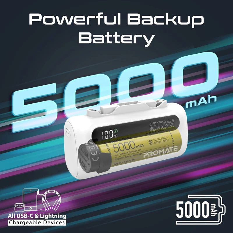 PROMATE PowerUp-Duo Ultra-Compact Fast Charging Power Bank - 20W / USB-C / Lightning / White