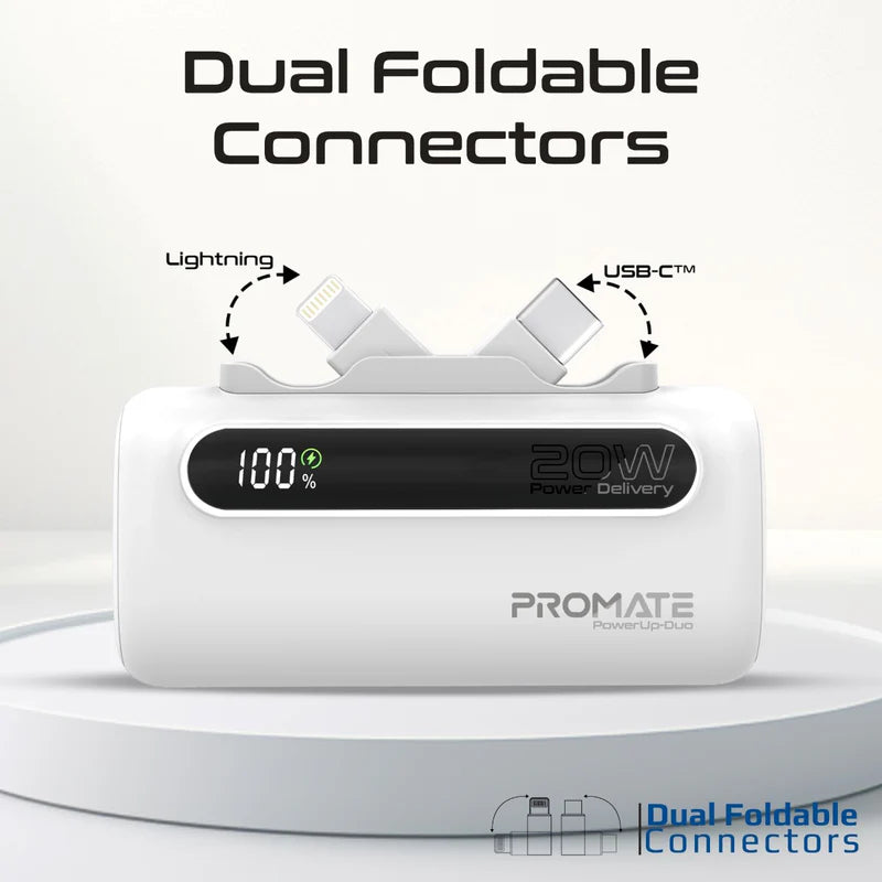 PROMATE PowerUp-Duo Ultra-Compact Fast Charging Power Bank - 20W / USB-C / Lightning / White