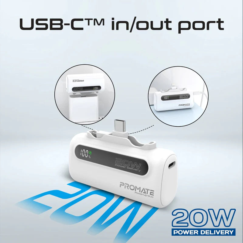 PROMATE PowerUp-Duo Ultra-Compact Fast Charging Power Bank - 20W / USB-C / Lightning / White