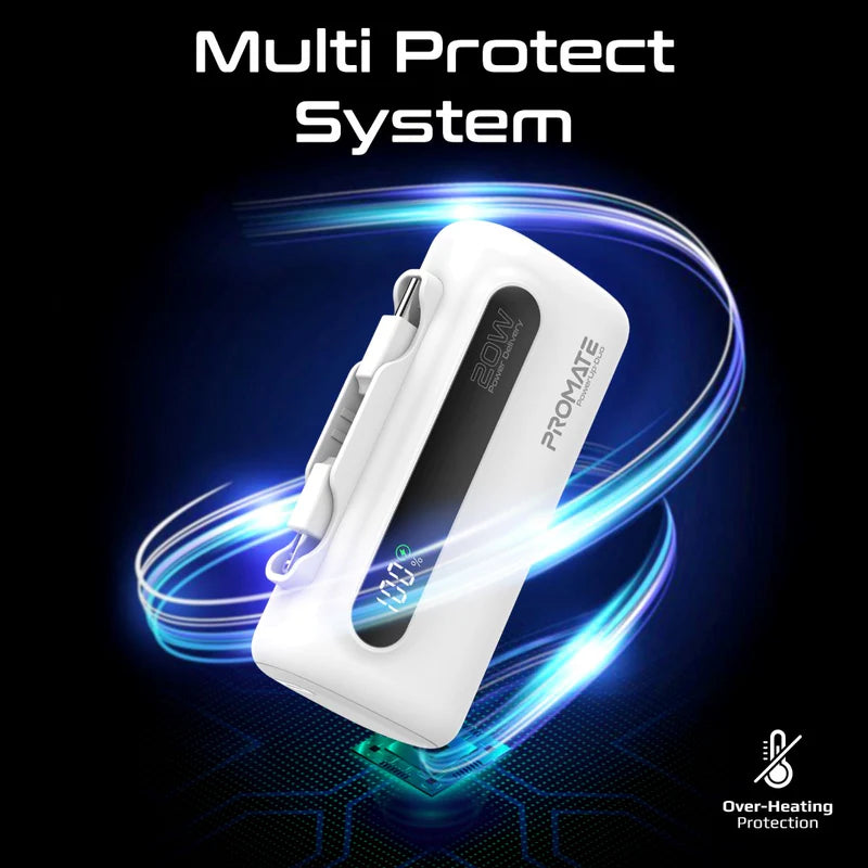 PROMATE PowerUp-Duo Ultra-Compact Fast Charging Power Bank - 20W / USB-C / Lightning / White