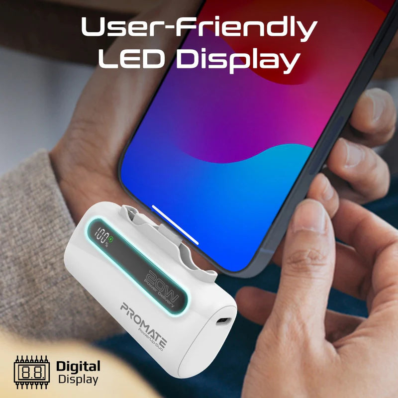 PROMATE PowerUp-Duo Ultra-Compact Fast Charging Power Bank - 20W / USB-C / Lightning / White
