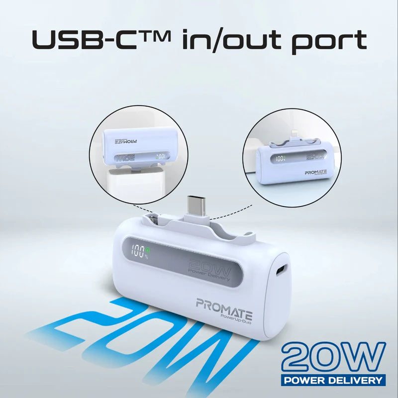 PROMATE PowerUp-Duo Ultra-Compact Fast Charging Power Bank - 20W / USB-C / Lightning / Blue