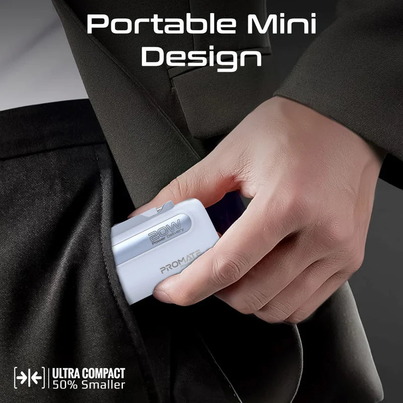 PROMATE PowerUp-Duo Ultra-Compact Fast Charging Power Bank - 20W / USB-C / Lightning / Blue