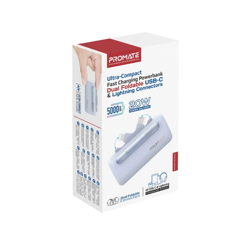 PROMATE PowerUp-Duo Ultra-Compact Fast Charging Power Bank - 20W / USB-C / Lightning / Blue