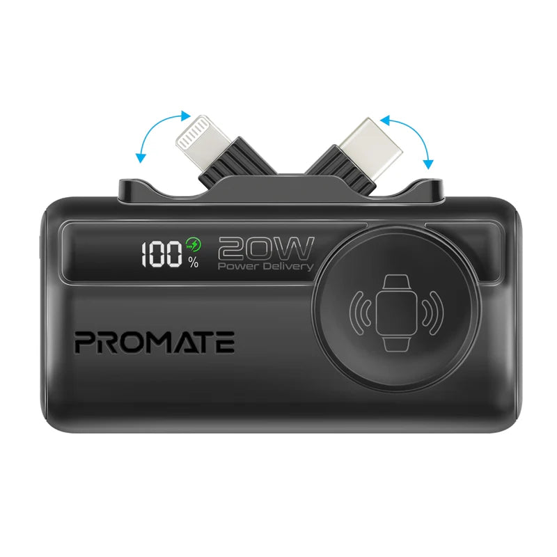 PROMATE PowerUp-Trio Ultra-Compact Fast Charging Power Bank - 20W / USB-C / Lightning / Black + PROMATE PowerPort-25AC Power Delivery Ultra-Fast Dual Port AC Charger - 25W / USB-C / USB-A / Black - Bundle Offer