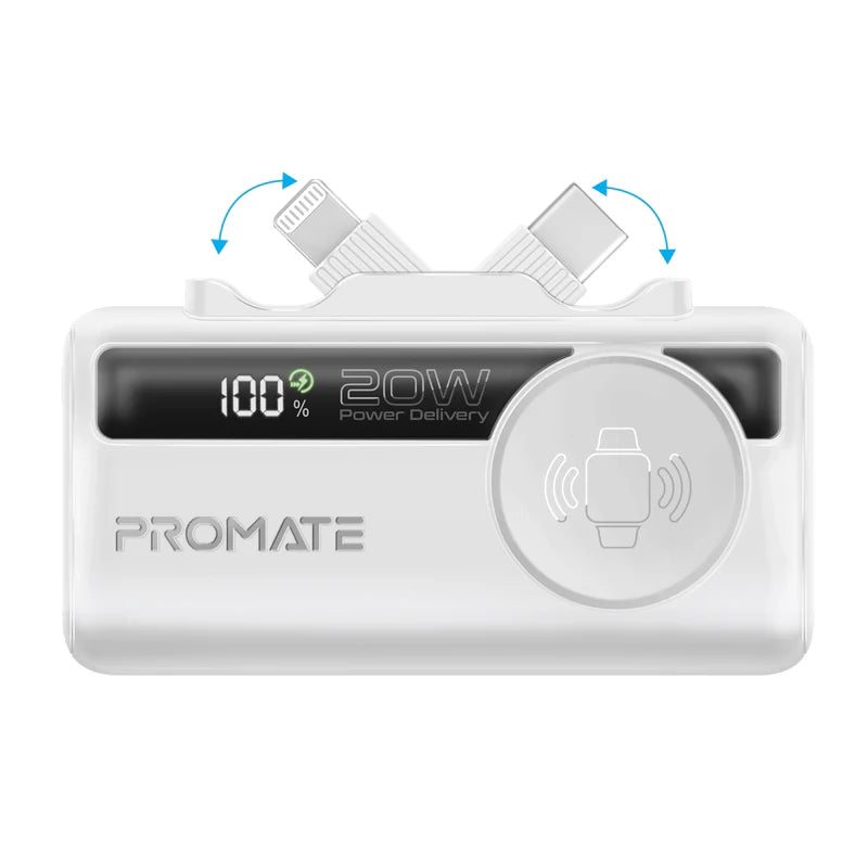 PROMATE PowerUp-Trio Ultra-Compact Fast Charging Power Bank - 20W / USB-C / Lightning / White