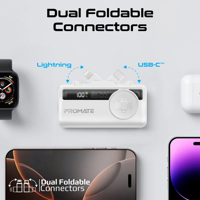PROMATE PowerUp-Trio Ultra-Compact Fast Charging Power Bank - 20W / USB-C / Lightning / White