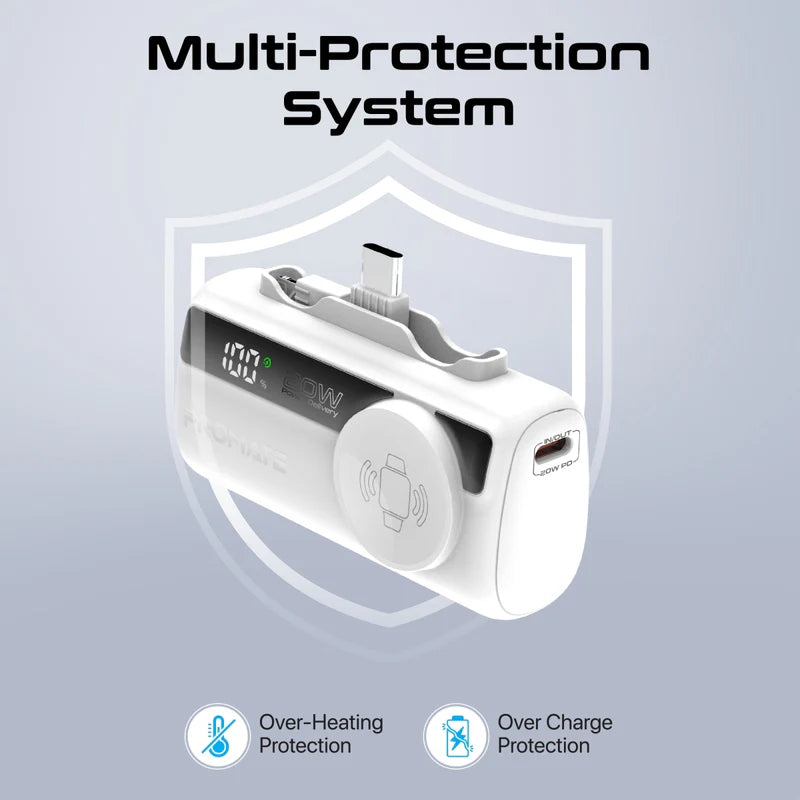 PROMATE PowerUp-Trio Ultra-Compact Fast Charging Power Bank - 20W / USB-C / Lightning / White