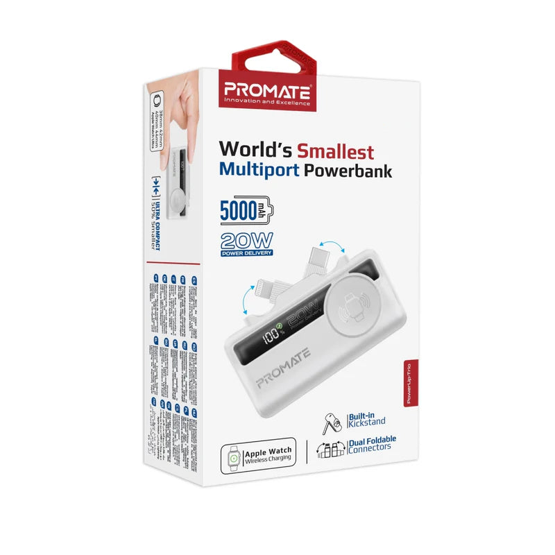 PROMATE PowerUp-Trio Ultra-Compact Fast Charging Power Bank - 20W / USB-C / Lightning / White