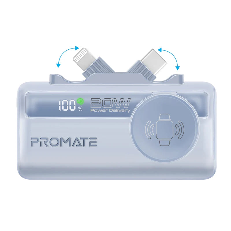 PROMATE PowerUp-Trio Ultra-Compact Fast Charging Power Bank - 20W / USB-C / Lightning / Blue