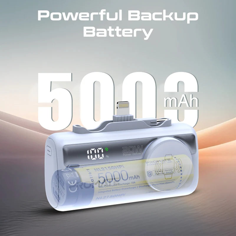 PROMATE PowerUp-Trio Ultra-Compact Fast Charging Power Bank - 20W / USB-C / Lightning / Blue
