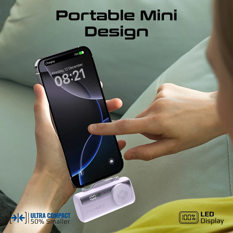 PROMATE PowerUp-Trio Ultra-Compact Fast Charging Power Bank - 20W / USB-C / Lightning / Purple