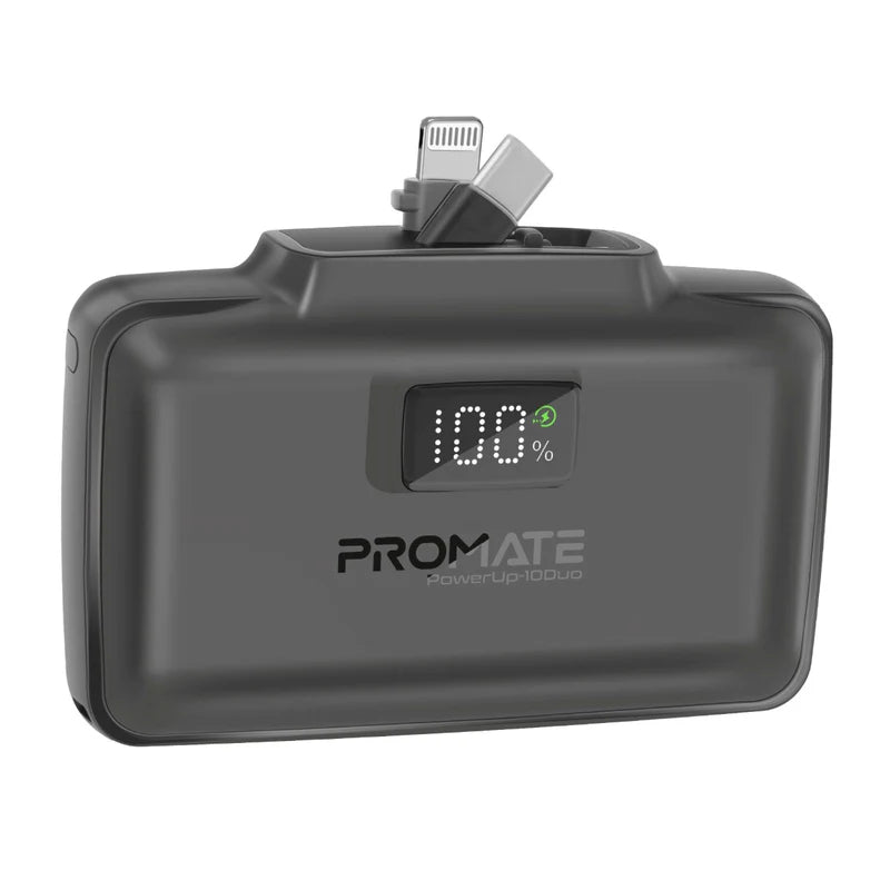PROMATE PowerUp-10Duo Ultra-Compact Fast Charging Power Bank - 20W / USB-C / Lightning / Black