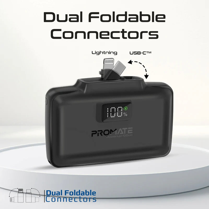 PROMATE PowerUp-10Duo Ultra-Compact Fast Charging Power Bank - 20W / USB-C / Lightning / Black