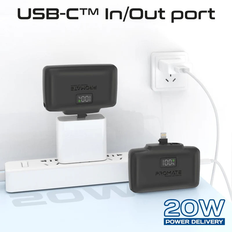 PROMATE PowerUp-10Duo Ultra-Compact Fast Charging Power Bank - 20W / USB-C / Lightning / Black