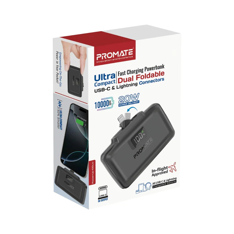PROMATE PowerUp-10Duo Ultra-Compact Fast Charging Power Bank - 20W / USB-C / Lightning / Black