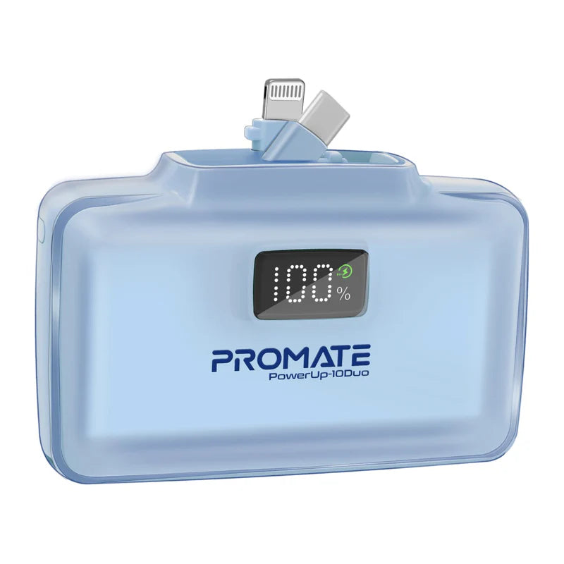 PROMATE PowerUp-10Duo Ultra-Compact Fast Charging Power Bank - 20W / USB-C / Lightning / Blue