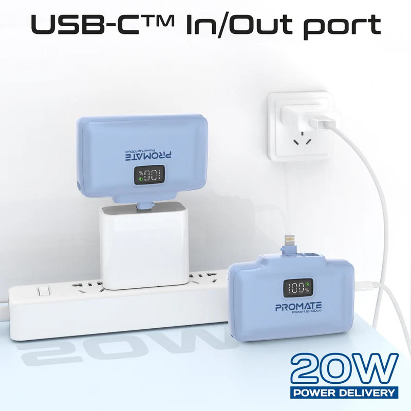 PROMATE PowerUp-10Duo Ultra-Compact Fast Charging Power Bank - 20W / USB-C / Lightning / Blue