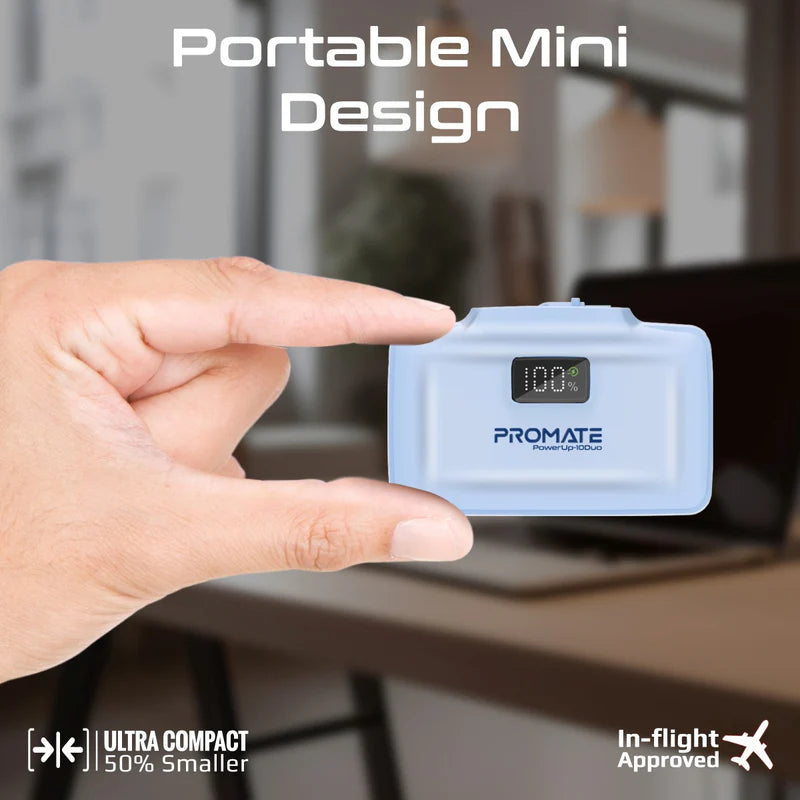 PROMATE PowerUp-10Duo Ultra-Compact Fast Charging Power Bank - 20W / USB-C / Lightning / Blue