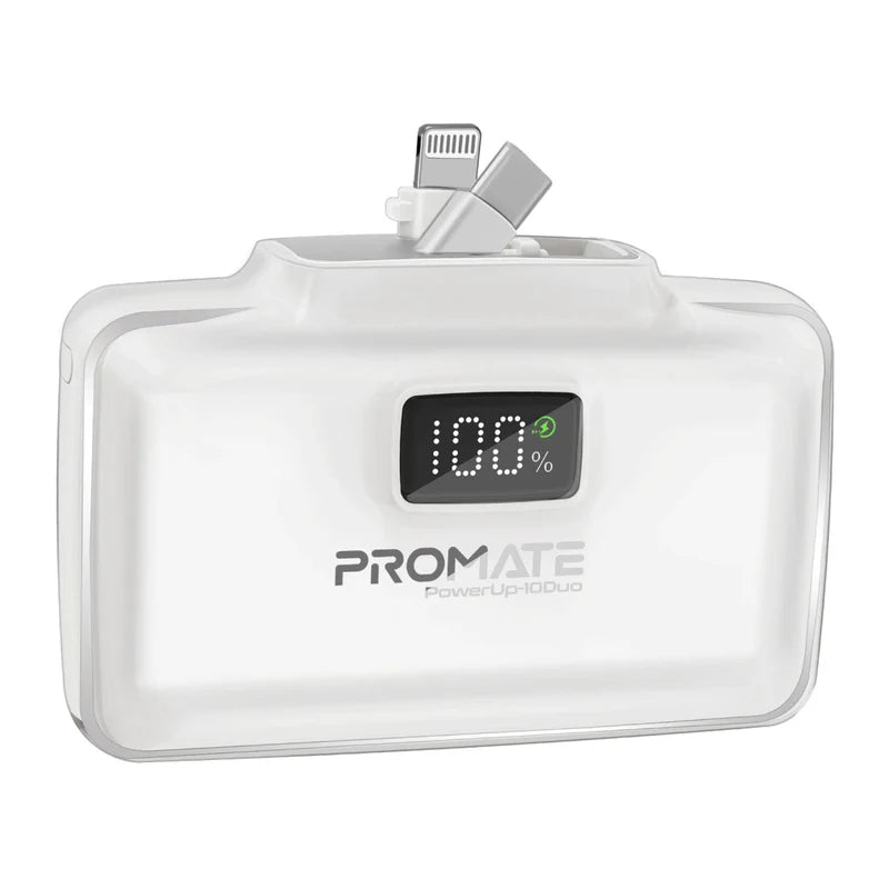 PROMATE PowerUp-10Duo Ultra-Compact Fast Charging Power Bank - 20W / USB-C / Lightning / White