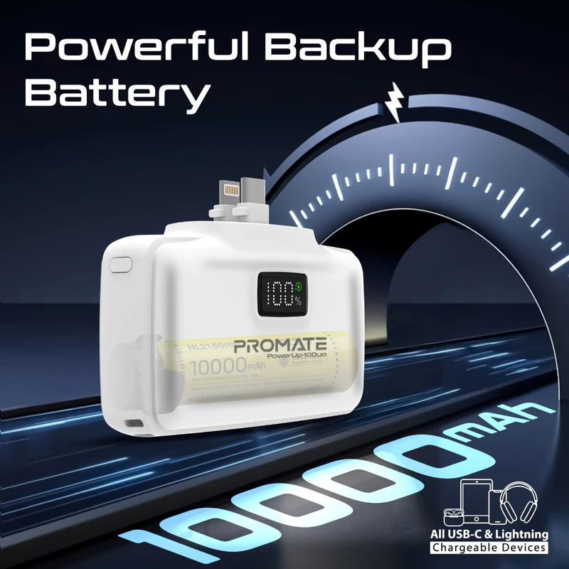 PROMATE PowerUp-10Duo Ultra-Compact Fast Charging Power Bank - 20W / USB-C / Lightning / White