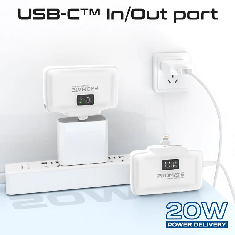 PROMATE PowerUp-10Duo Ultra-Compact Fast Charging Power Bank - 20W / USB-C / Lightning / White
