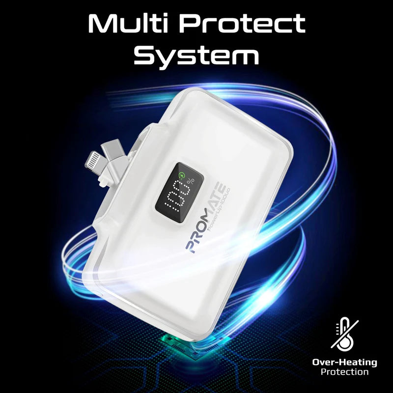 PROMATE PowerUp-10Duo Ultra-Compact Fast Charging Power Bank - 20W / USB-C / Lightning / White