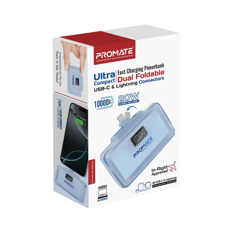 PROMATE PowerUp-10Duo Ultra-Compact Fast Charging Power Bank - 20W / USB-C / Lightning / Blue