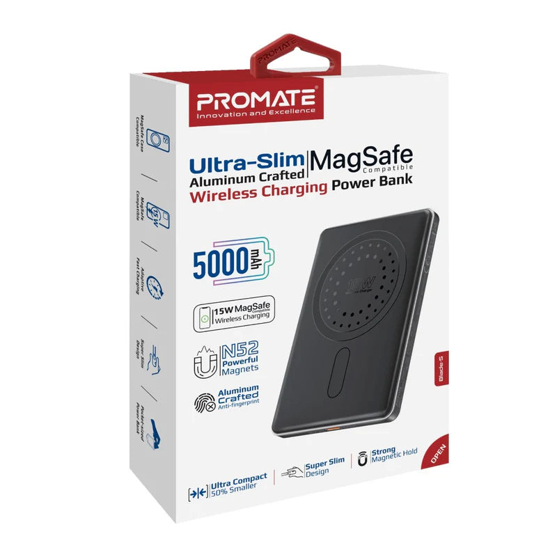 PROMATE Blade-5 Ultra-Slim MagSafe Compatible Wireless Charging Power Bank - USB-C / Black