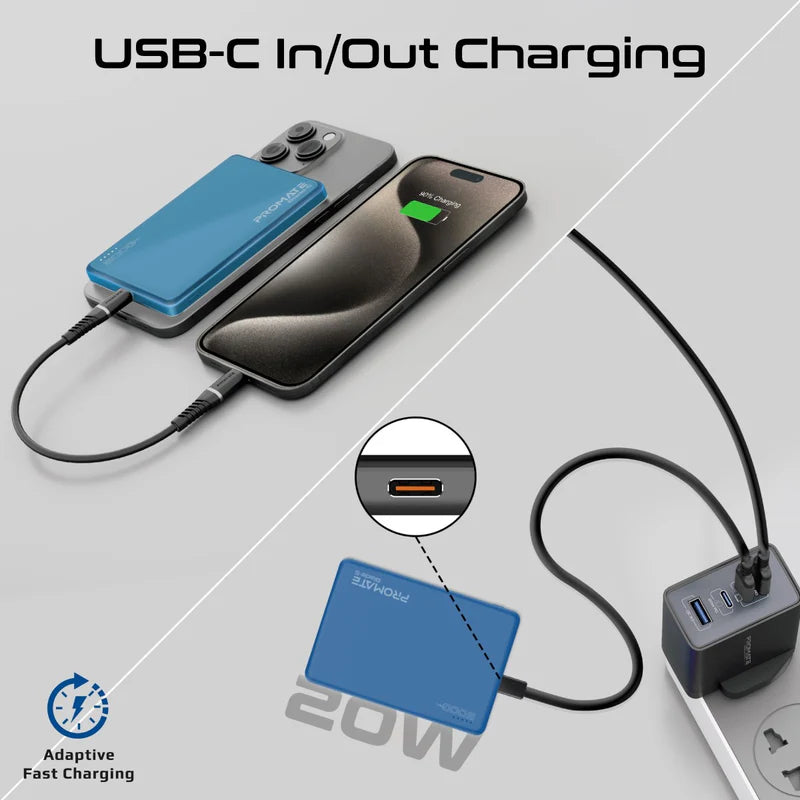 PROMATE Blade-5 Ultra-Slim MagSafe Compatible Wireless Charging Power Bank - USB-C / Blue