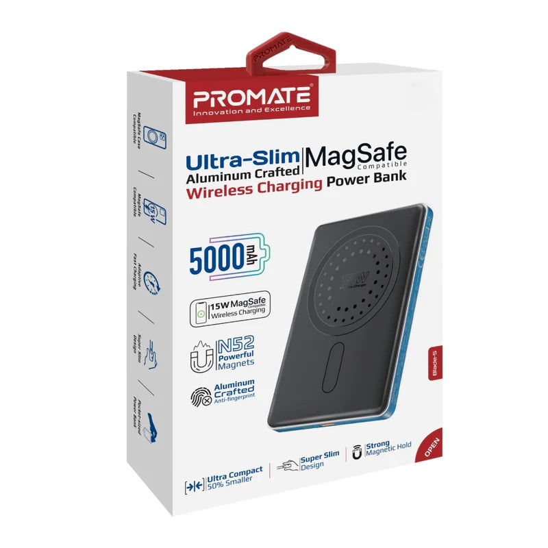 PROMATE Blade-5 Ultra-Slim MagSafe Compatible Wireless Charging Power Bank - USB-C / Blue